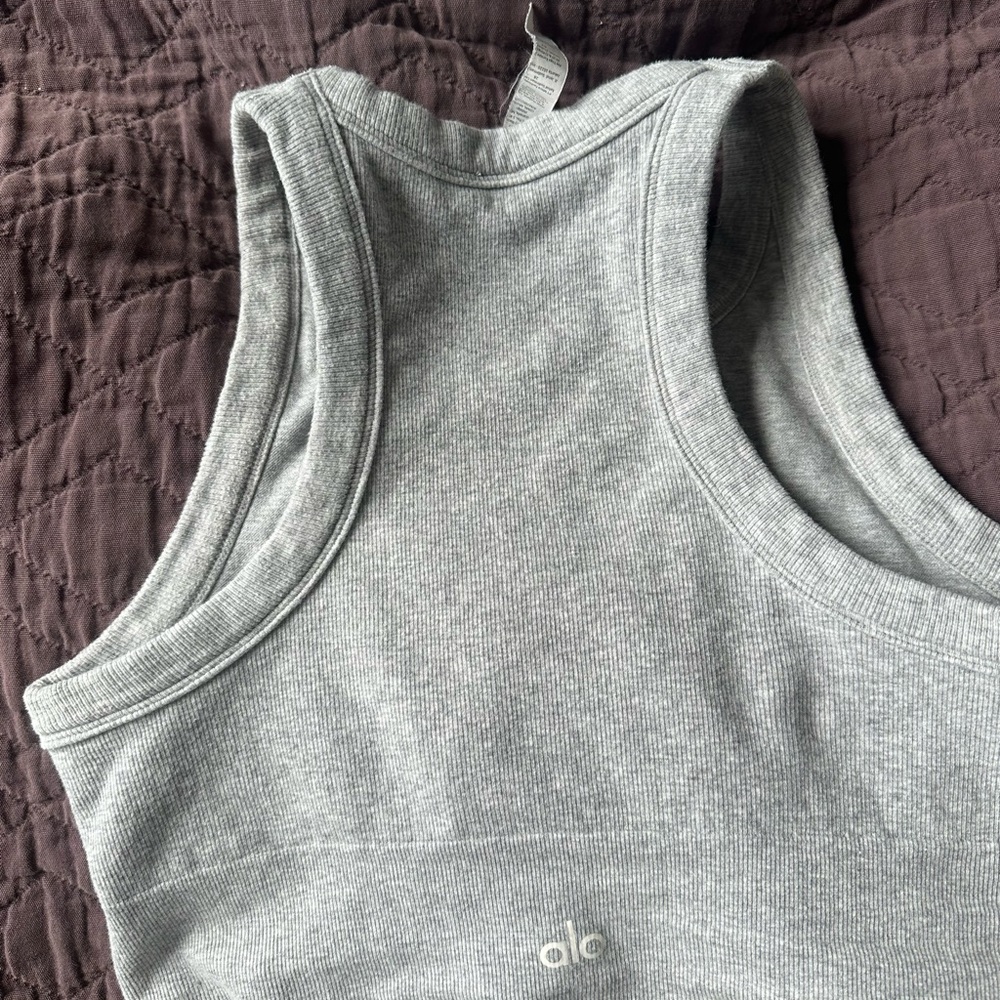 ALO Grey Ribbed Racerback Crop Tank - Picture 2 of 3